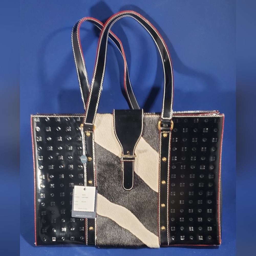 New Arcadia Italian patent leather bag/tote, black and white animal print accent